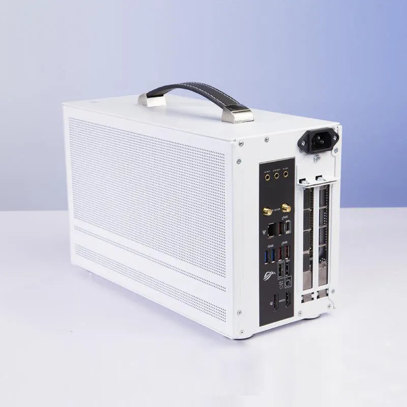 Three Hummingbird Mini ITX desktop computer case in titanium gray, showing compact form and front panel.