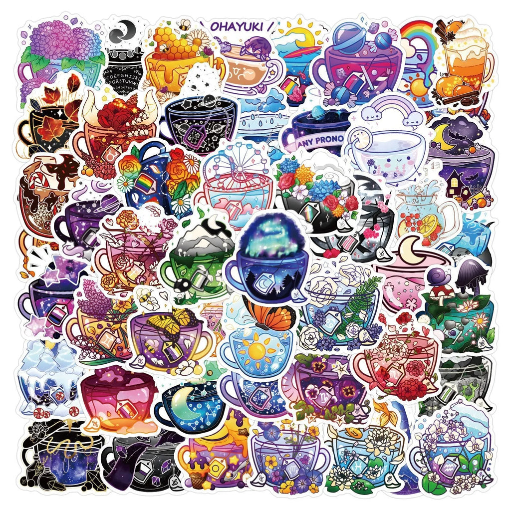 A pack of 50 colourful tea cup graffiti-style waterproof vinyl stickers on a sheet.