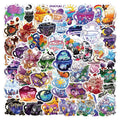 A pack of 50 colourful tea cup graffiti-style waterproof vinyl stickers on a sheet.