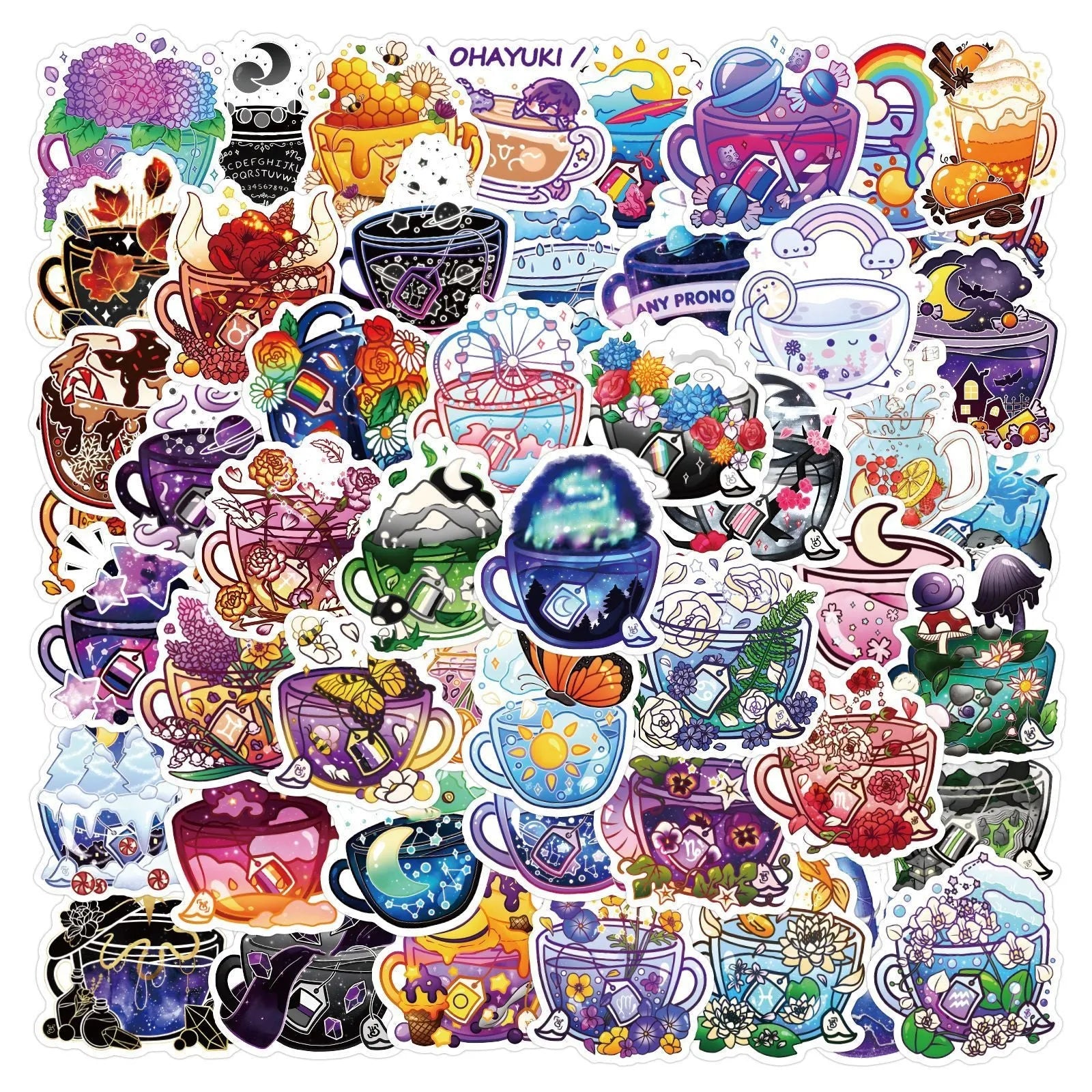 A pack of 50 colourful tea cup graffiti-style waterproof vinyl stickers on a sheet.