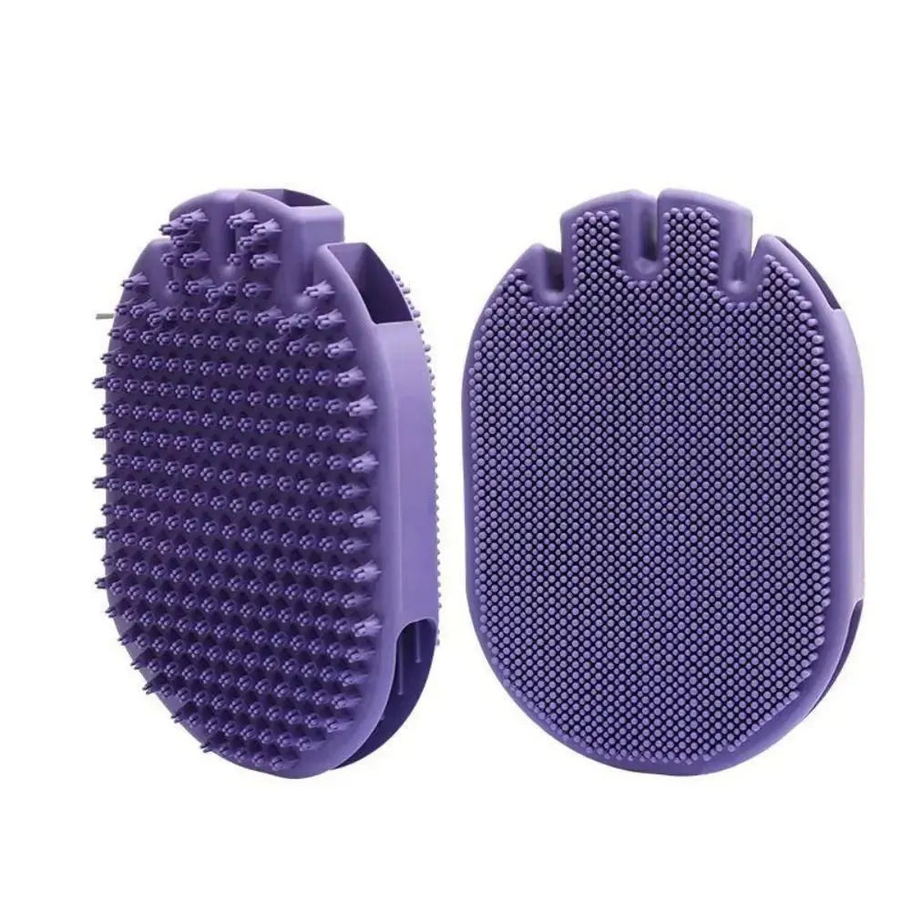 Purple pet grooming brush with dual-sided design and ergonomic handle for dog and cat bathing