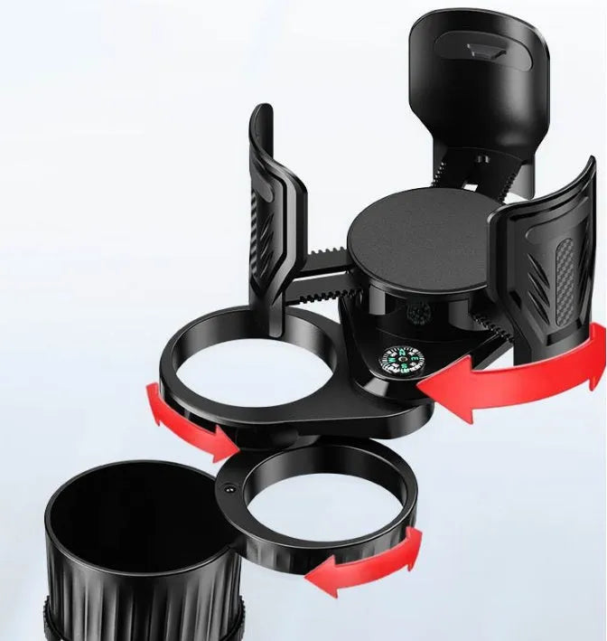 Black carbon fibre car cup holder with a retractable base on a car centre console.