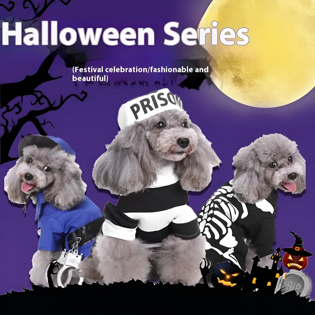 Christmas pet costumes for dogs and cats including Santa suit, penguin, and elf designs in multiple sizes
