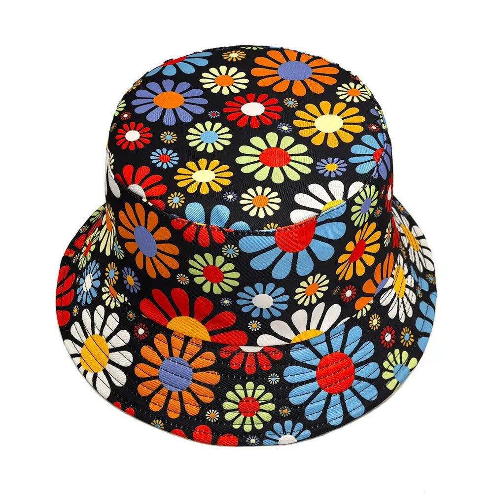Colourful flower pattern bucket hat with dome crown design, medium size 56-58cm