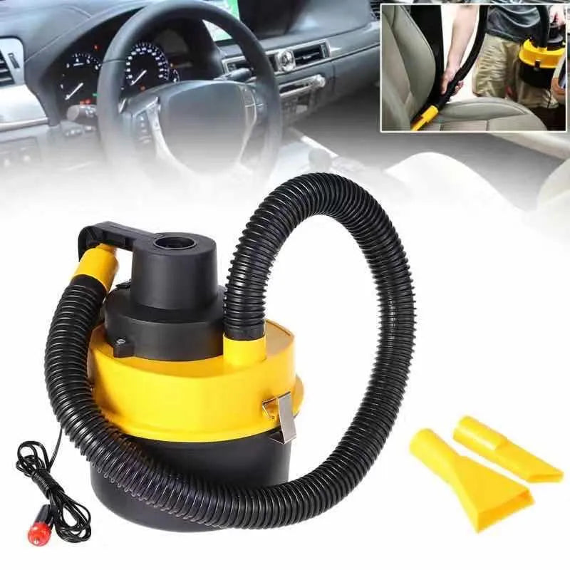 Car portable vacuum cleaner with high power 90W, red, with attachments including brush and hose on a car seat
