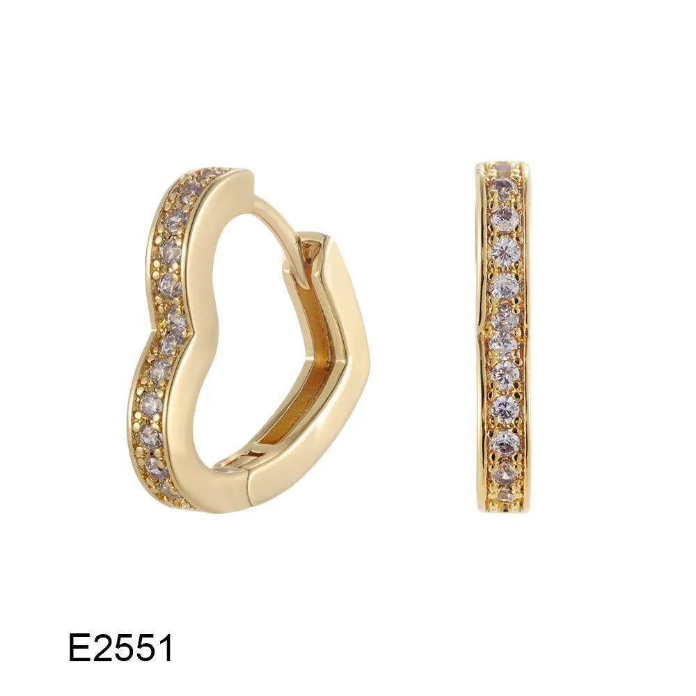 Brass gold plated heart-shaped ear clip earrings with zircon and gang drill details