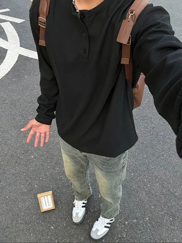 Men's long sleeve round neck pullover shirt jacket in black, loose fit, chemical fibre blend.