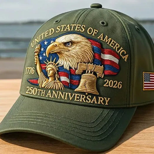 Machine-embroidered American eagle head on a cotton dome crown baseball cap in 250th anniversary colours