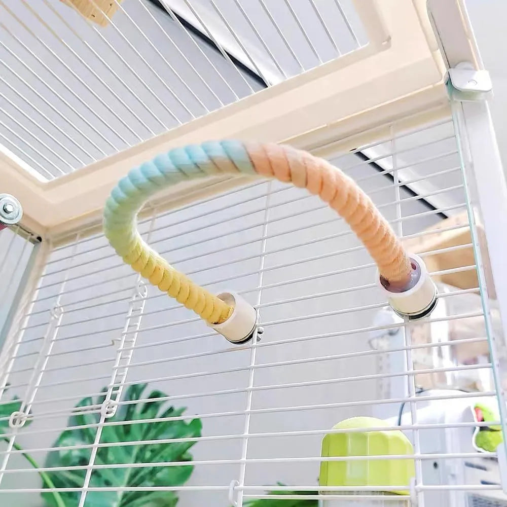 Gradient colourful bird rope perch set with U-shaped perch, long rope, and circular swing for cockatiels and parakeets