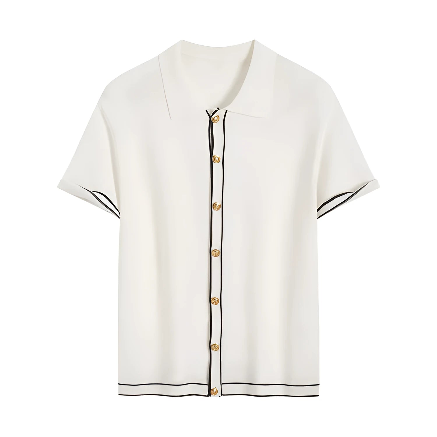White short sleeve cardigan with dark contrast lapels, buttoned front, and a soft drape fabric.
