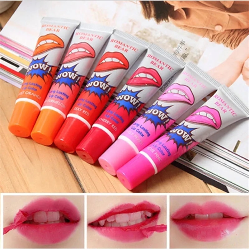 Set of six peel off liquid lipstick colours in Rose Pink, Cherry Red, Sex Red, Watermelon, Lovely Peach, and Sweet Orange