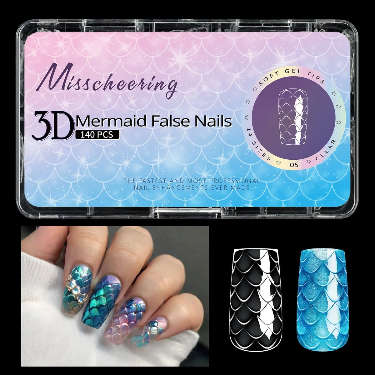 3D scale long shaping nail tips in colour-coded packaging for professional manicures
