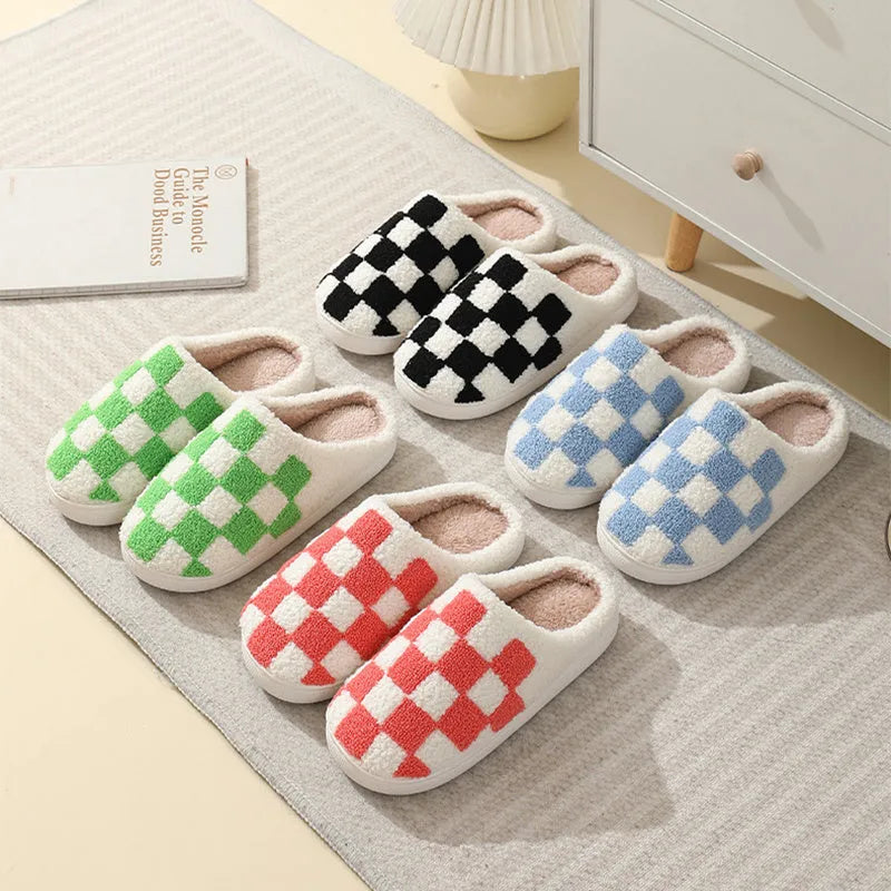 Checkerboard print winter house slippers with suede upper and TPR sole in black, watermelon red, blue and green