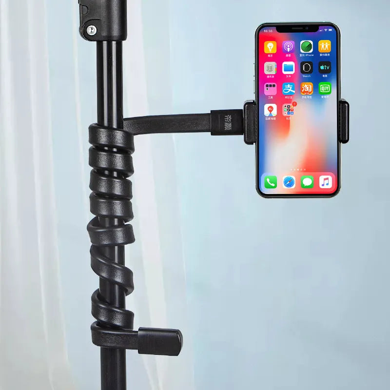 Black flexible silicone hose phone holder with aluminium and ABS parts and a double-hole mobile phone clip.