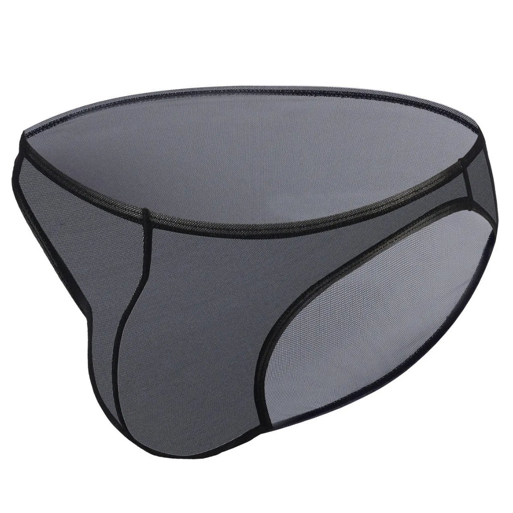 Man's black ice silk nylon mid-waist briefs laid flat, showing triangle cut and knit texture.