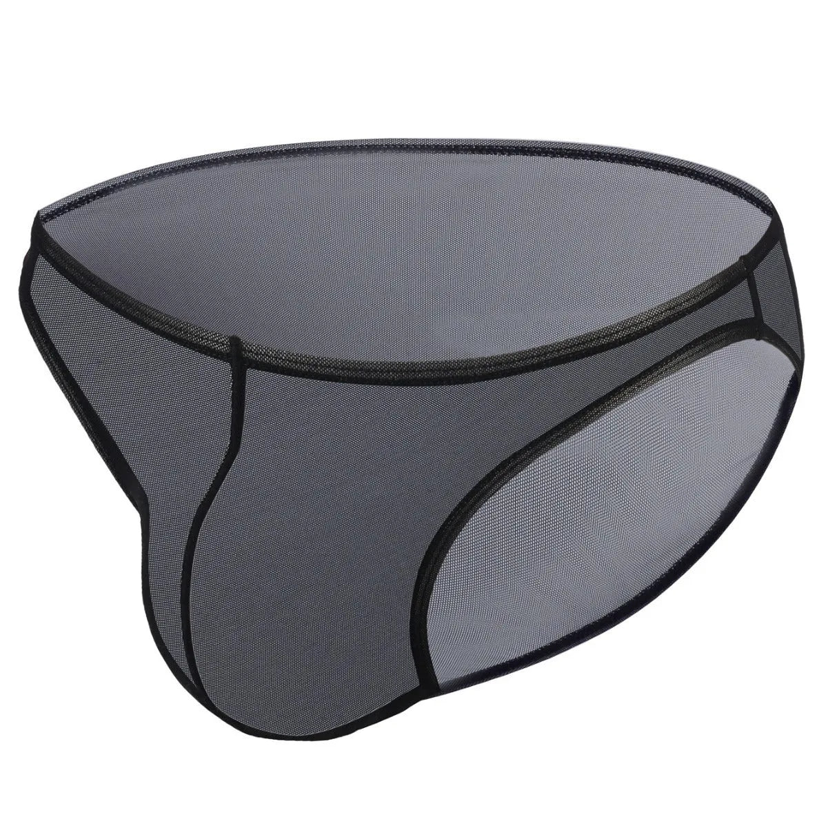 Man's black ice silk nylon mid-waist briefs laid flat, showing triangle cut and knit texture.