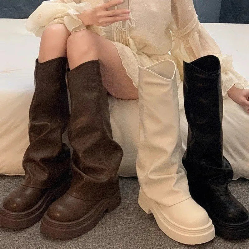 Women's round toe high cylinder PU autumn boots in beige, brown, and black colour options on a white background