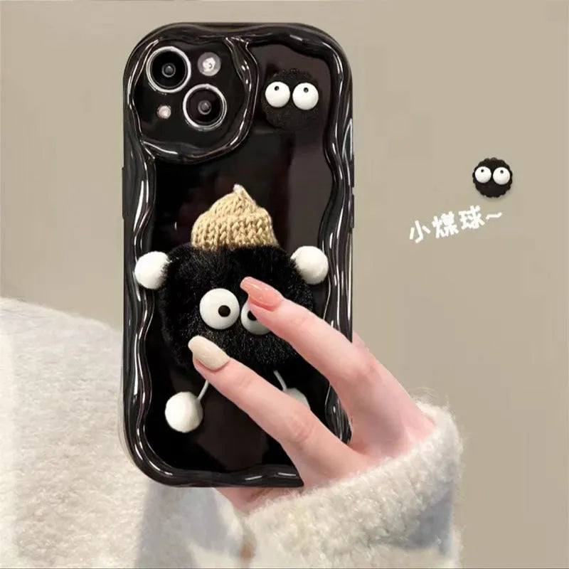 Cartoon cute plush hat doll phone case for iPhone in cream shell with beige or black, TPU hard case with fall protection.