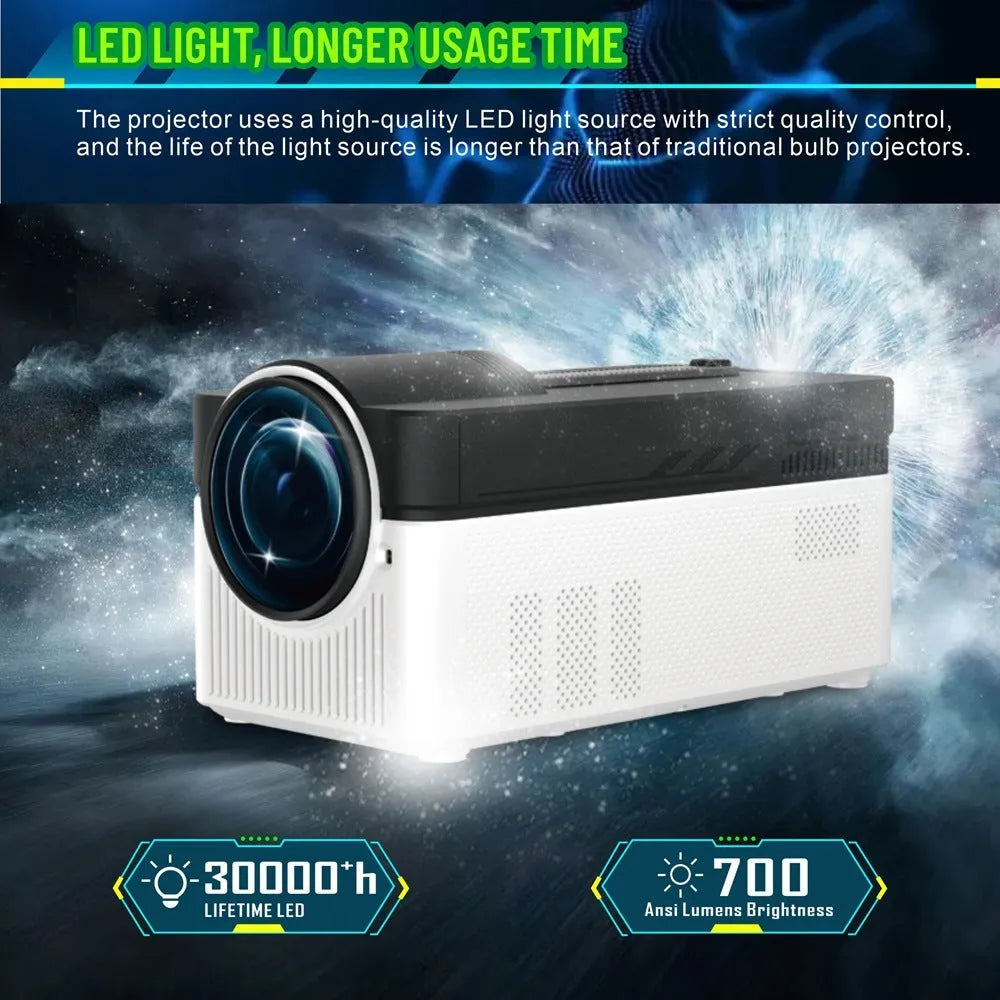 White portable smart projector with 1080p resolution and 700ANSI brightness on a table