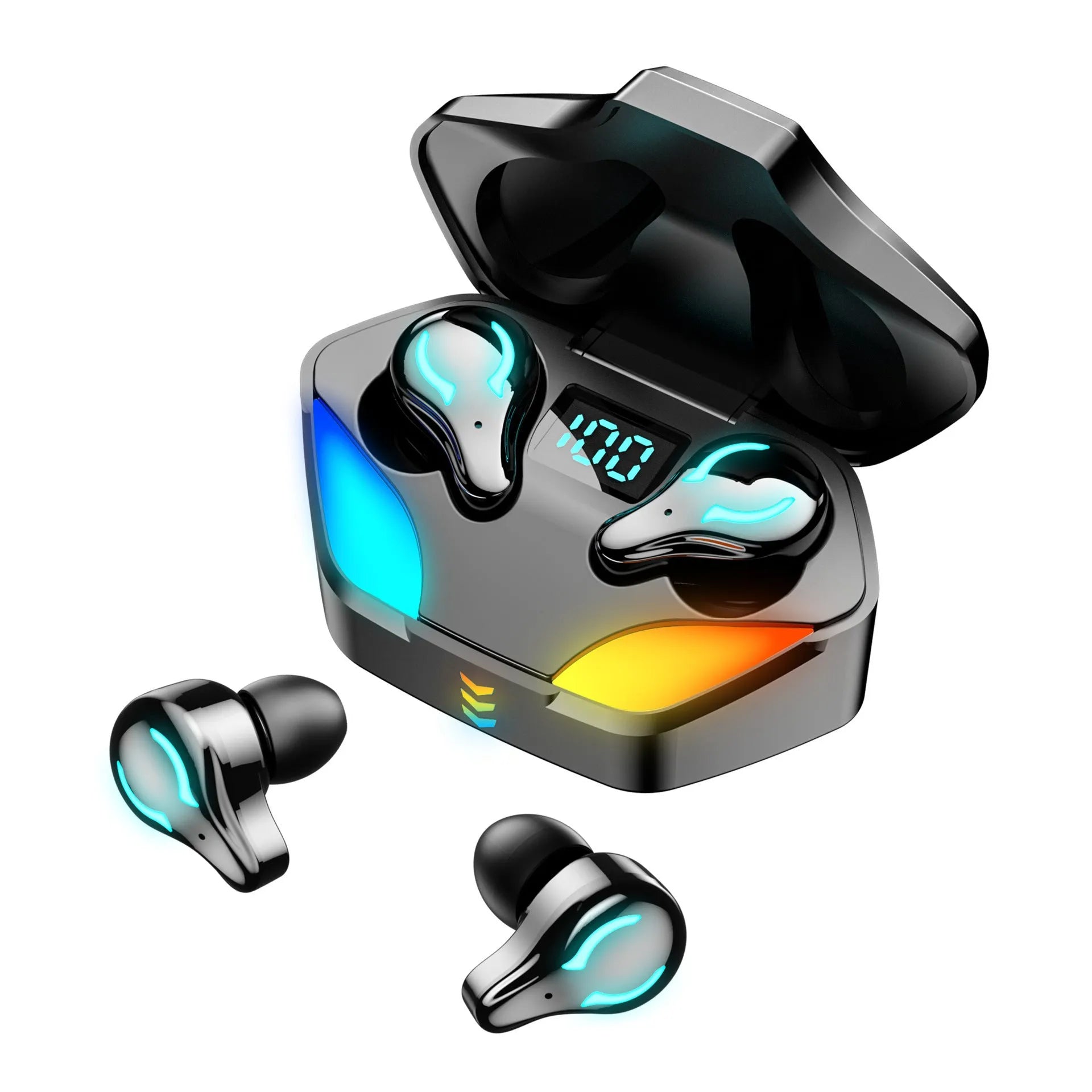 E-sports Bluetooth gaming headset with earplug style design showing battery display and call functions