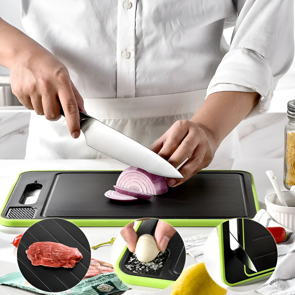 Grey square aluminium cutting board with double-sided design showing thawing surface and integrated knife sharpener