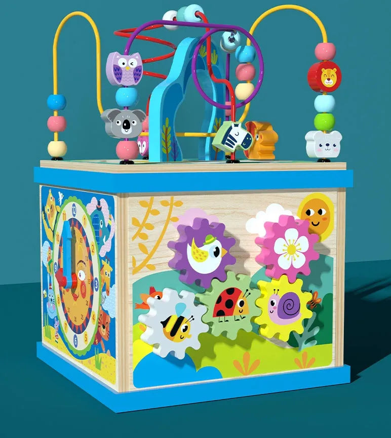 Blue wooden bead maze treasure box learning toy for babies and toddlers with multiple play scenes