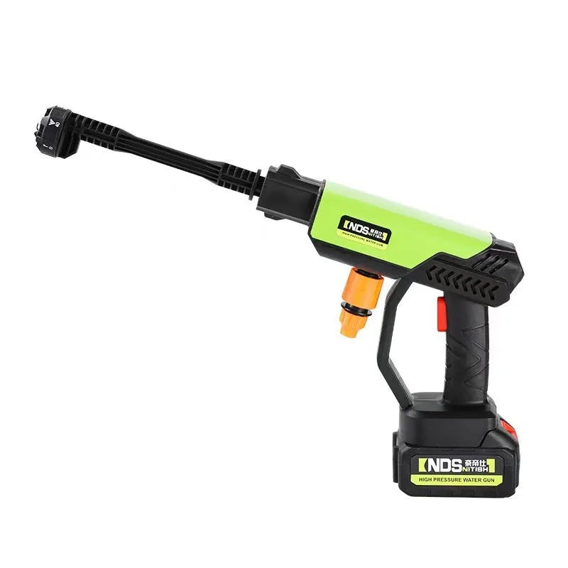 Green wireless high-pressure water gun with six nozzle attachments for outdoor cleaning