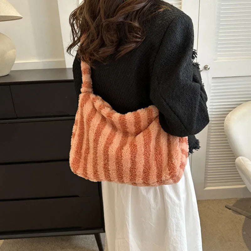 Large-capacity striped plush tote shoulder bag for women in winter, available in multiple colours