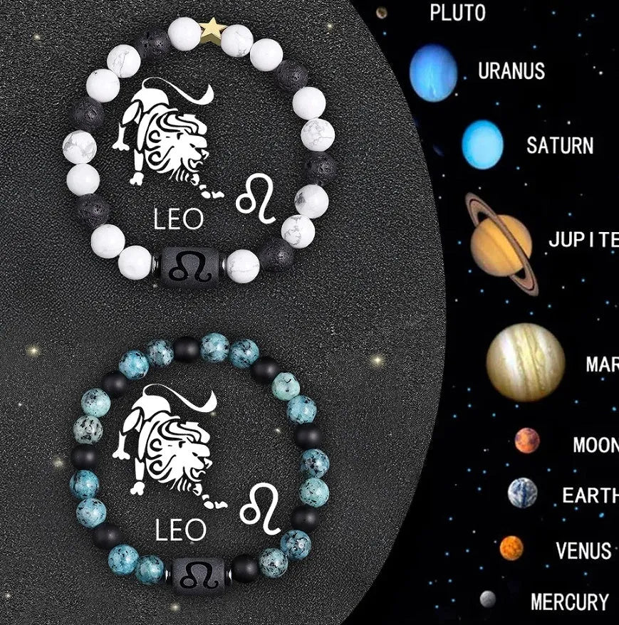 Set of two natural stone beaded bracelets with zodiac sign charms on a white background.