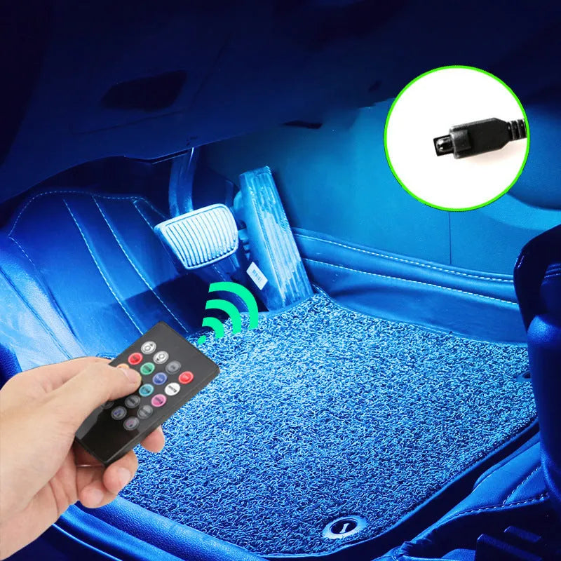 Car footwell LED atmosphere lighting strips with smartphone APP control showing eight colour options
