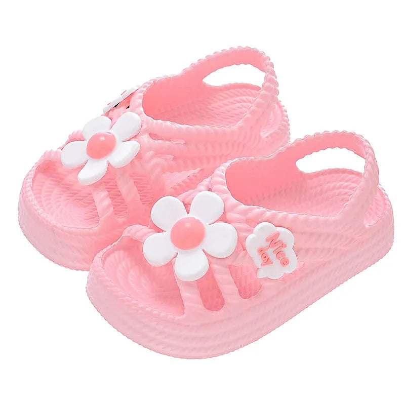 Girls' EVA summer sandals in pink with letter pattern, flower detail, and non-slip sole
