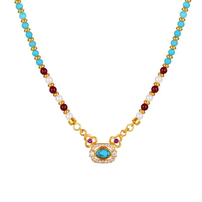 Natural turquoise pearl necklace on copper base with real gold plating, geometric pendant, French retro style, clavicle length for women