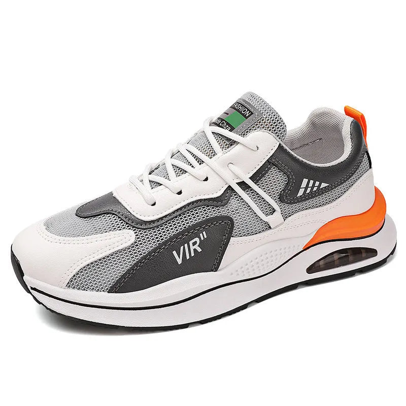 Men's grey mesh running shoes with round toe design and lightweight EVA sole