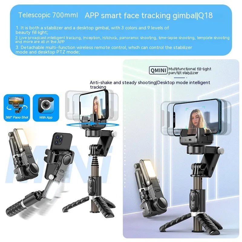 Black anti-shake phone stand with retractable selfie stick and desktop pan tilt on table