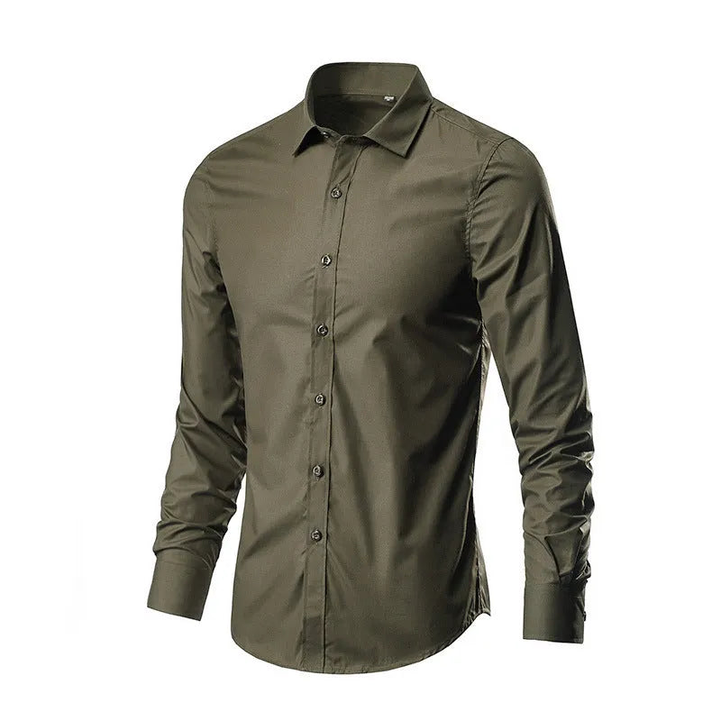Man wearing a loose fit long sleeve linen shirt in a neutral colour, showing the casual style.