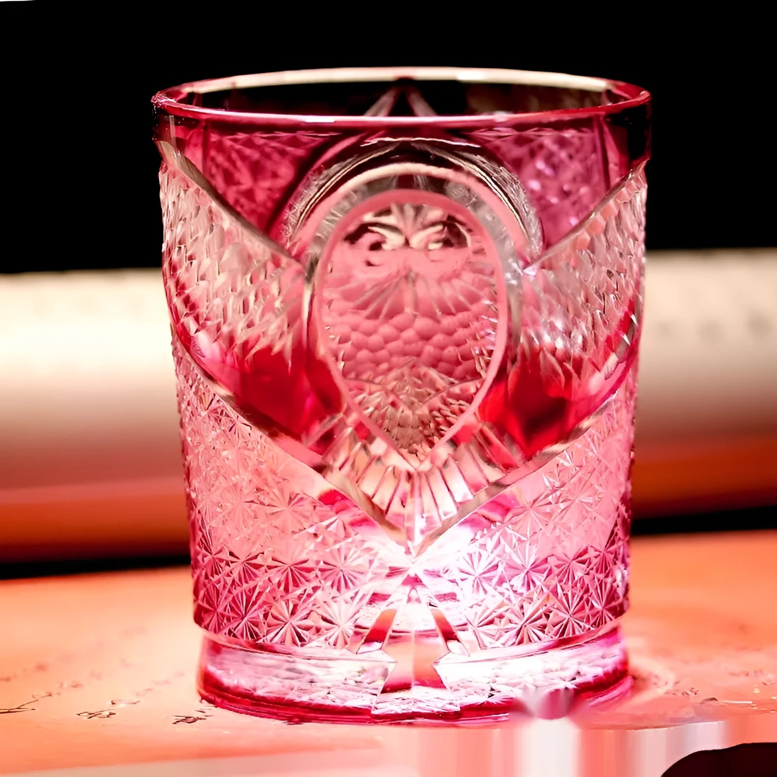 Hand carved golden red owl motif on a crystal glass wine glass with 201-300ml capacity, simple style design