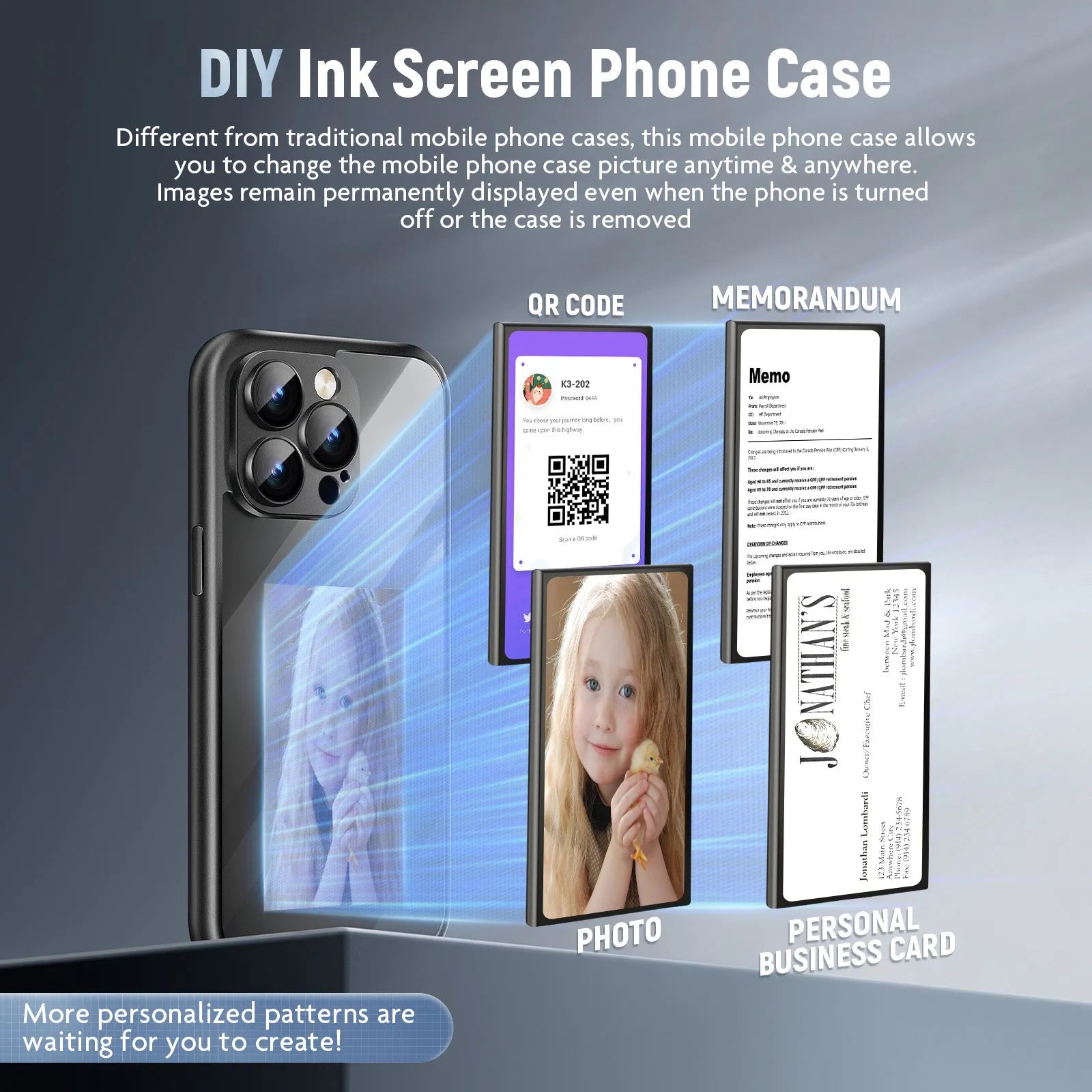 Black iPhone 15 Pro Max flip phone case showing NFC chip and custom ink screen on cover.