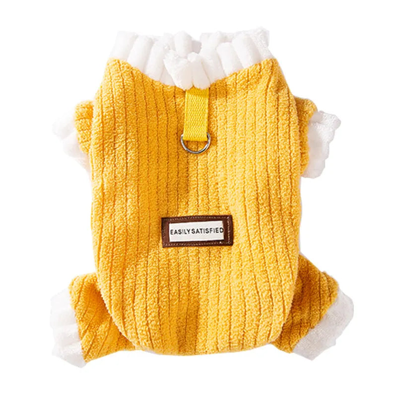 Yellow ribbed fleece pet jumpsuit with white ruffled cuffs and leash ring for cats and small dogs.