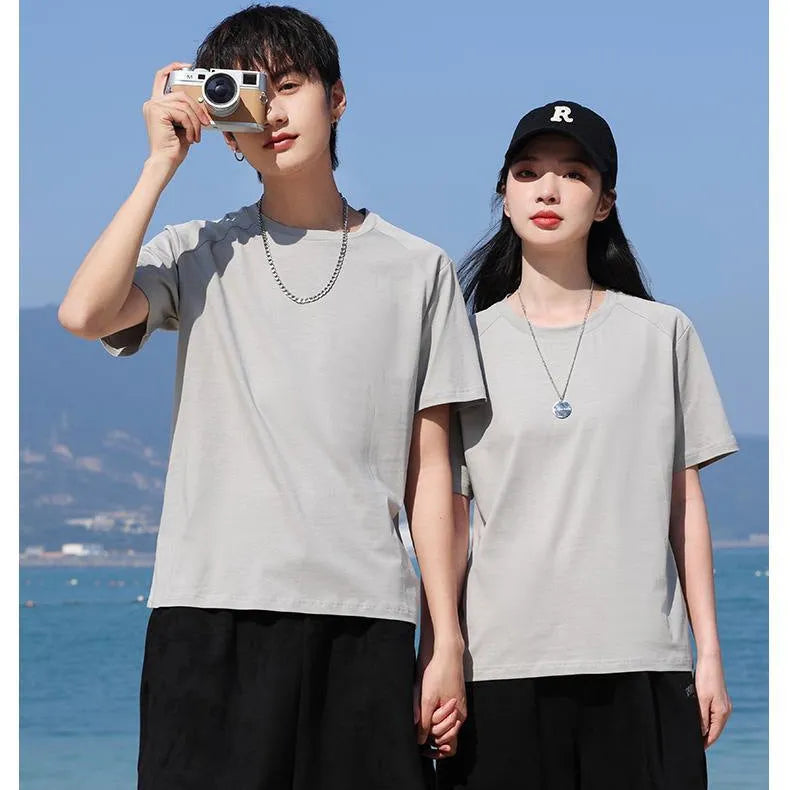 Men's straight cut short sleeve pure cotton T-shirt on a hanger in a solid colour.