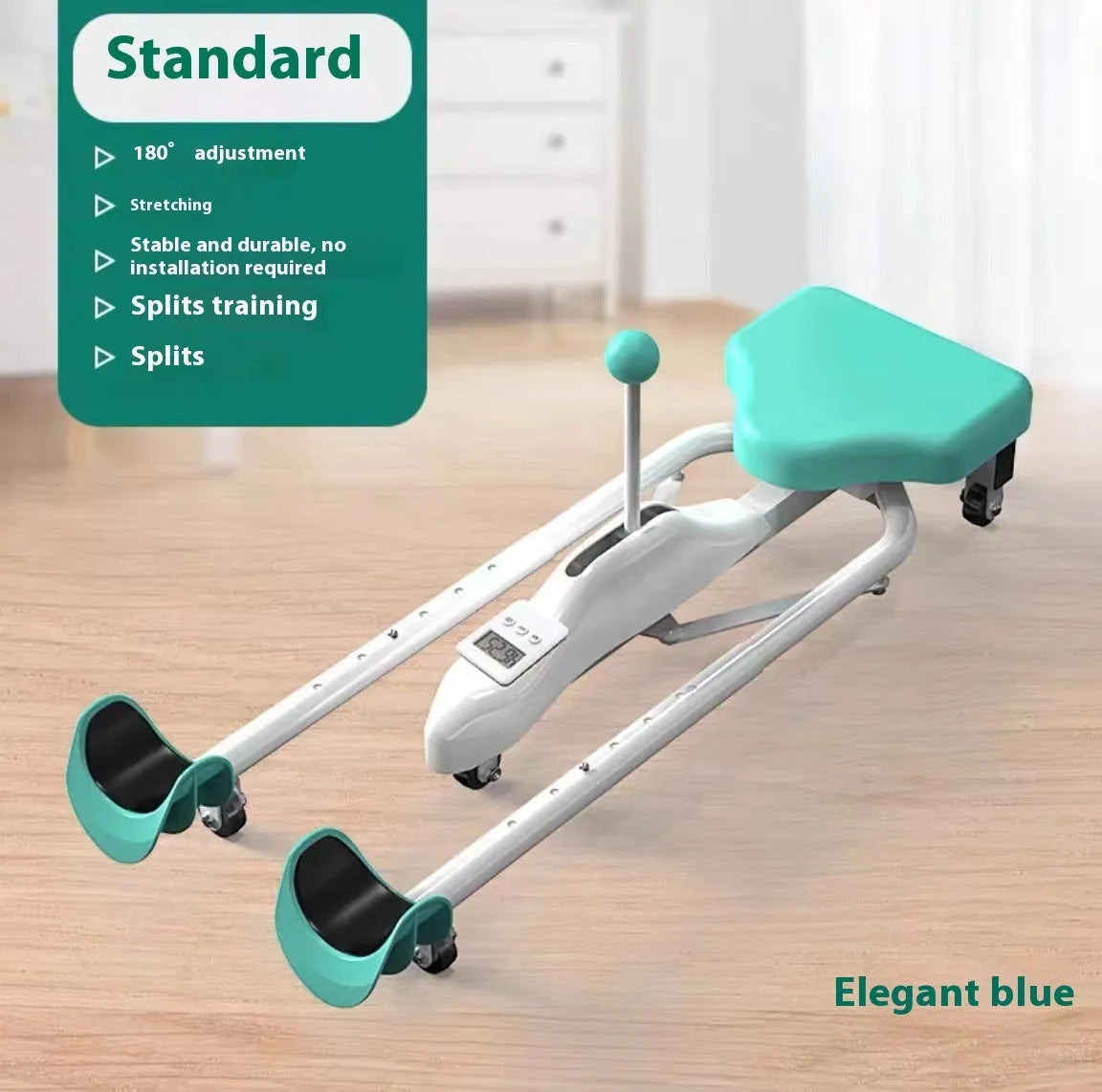 Steel pipe leg opener stretching tool in blue colour with foam padding.