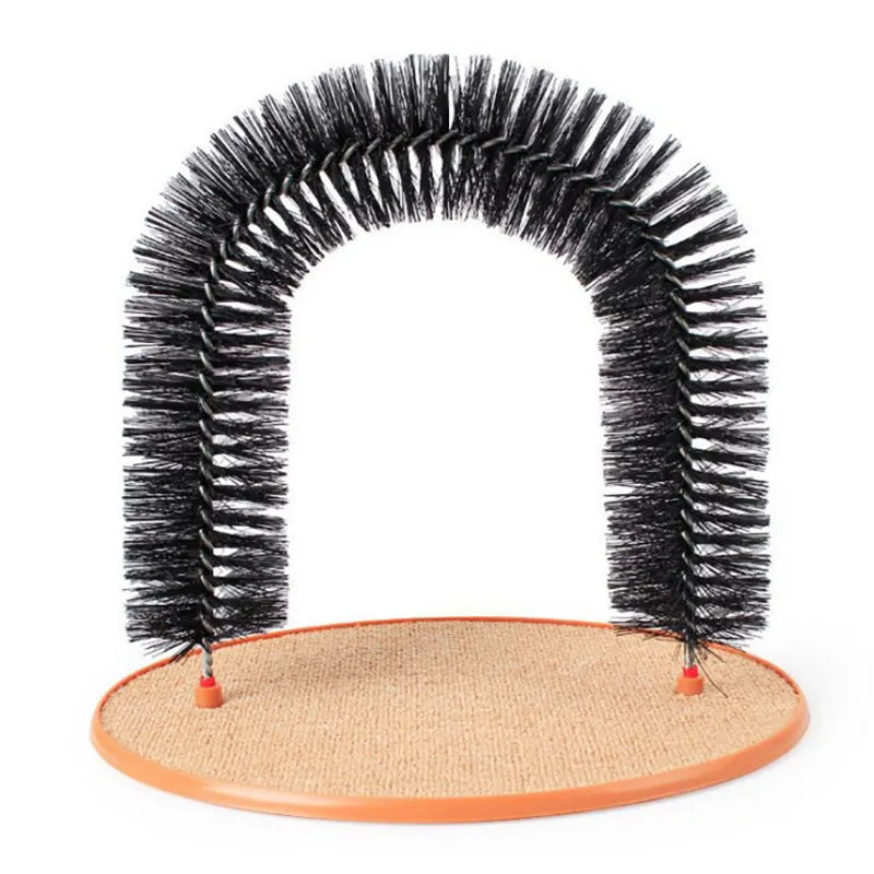 White plastic arched cat scratcher with integrated grooming brush bristles along the inner curve.