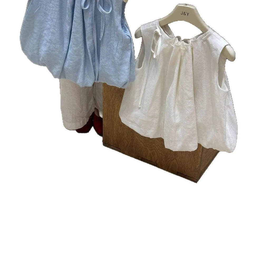 Girls sleeveless cotton shirt in milky white with drawstring neckline, Korean style summer top.