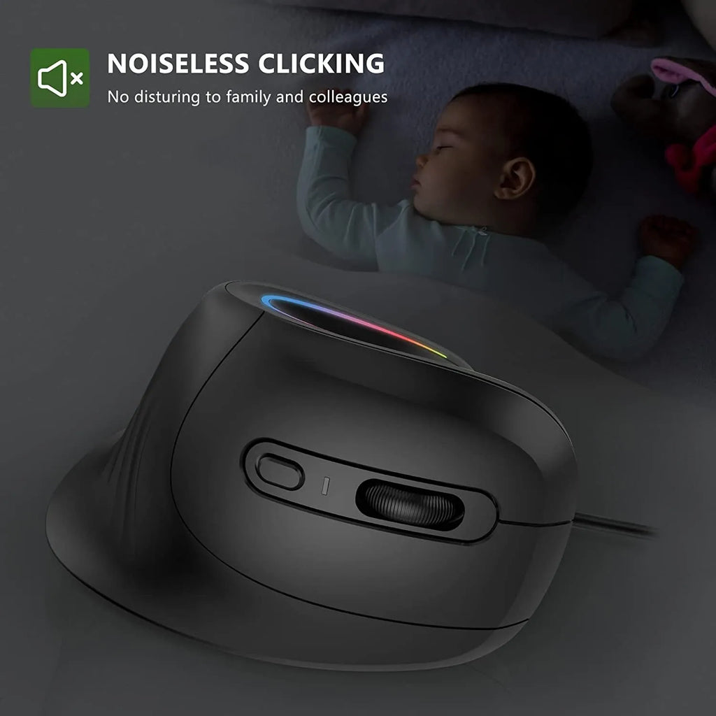 Black vertical ergonomic Bluetooth mouse with RGB lighting on office desk