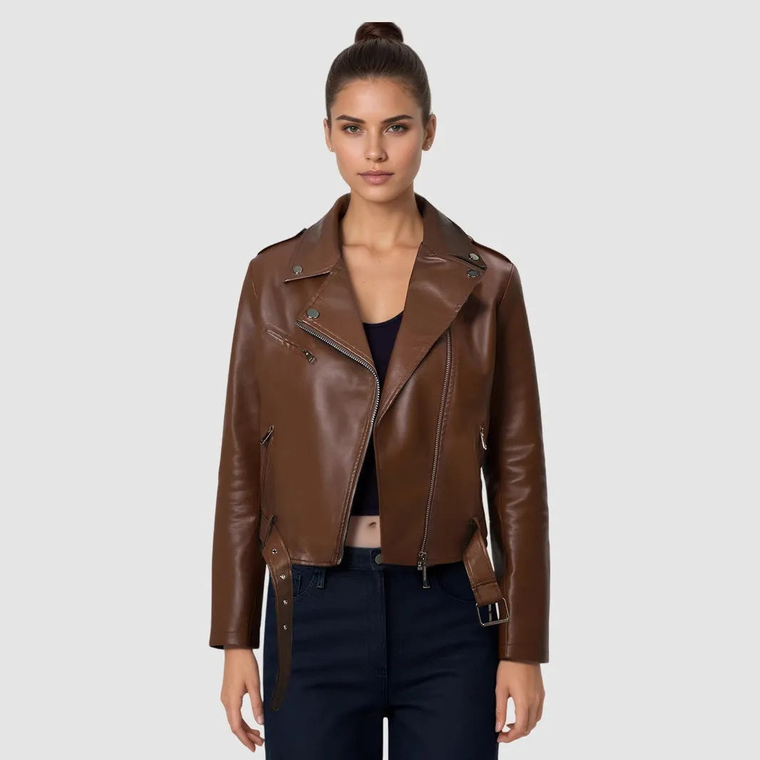 Women's short black PU leather jacket with lapel collar and an adjustable waist belt on a hanger.
