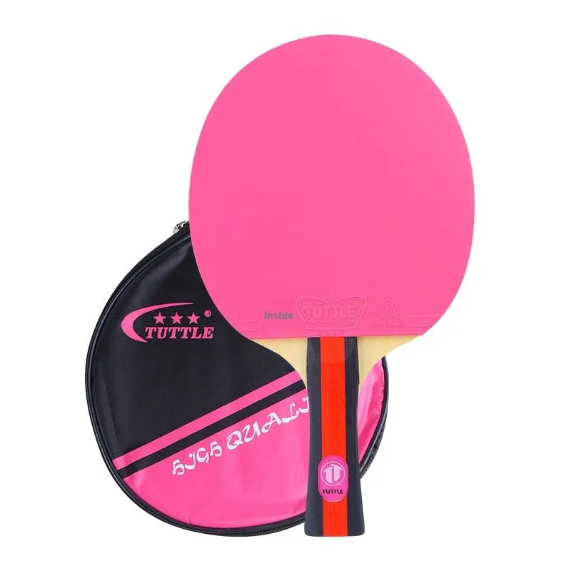 Colourful table tennis racket with pure wood blade and protective bag in pink, blue or green shakehand grip