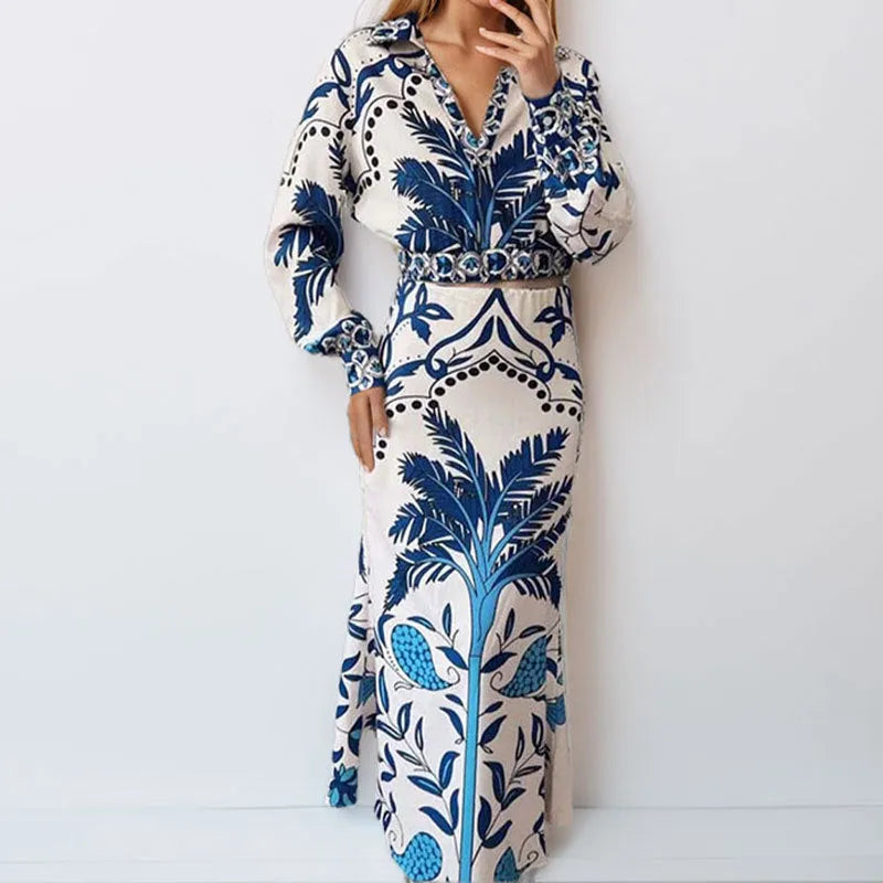 Early spring casual fashion set with long sleeve top and long skirt in picture colour.