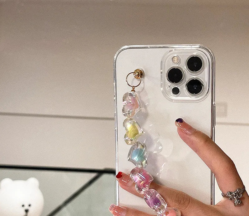 Transparent TPU iPhone case with handmade beaded candy chain and girly heart laser colour design on the back