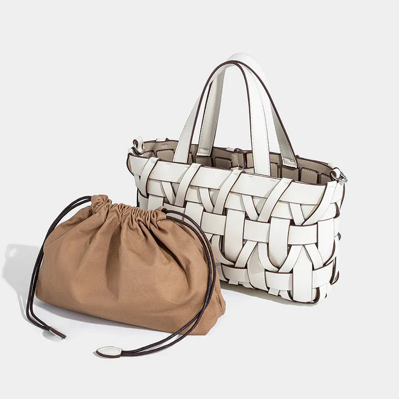 Women's hand-woven PU bucket handbag in summer colours with open outer pocket