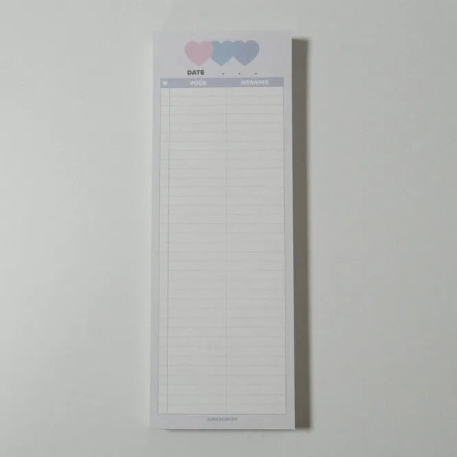 Vertical half-B5 notepad with English words, shown in pink, purple, and blue cover colour options.