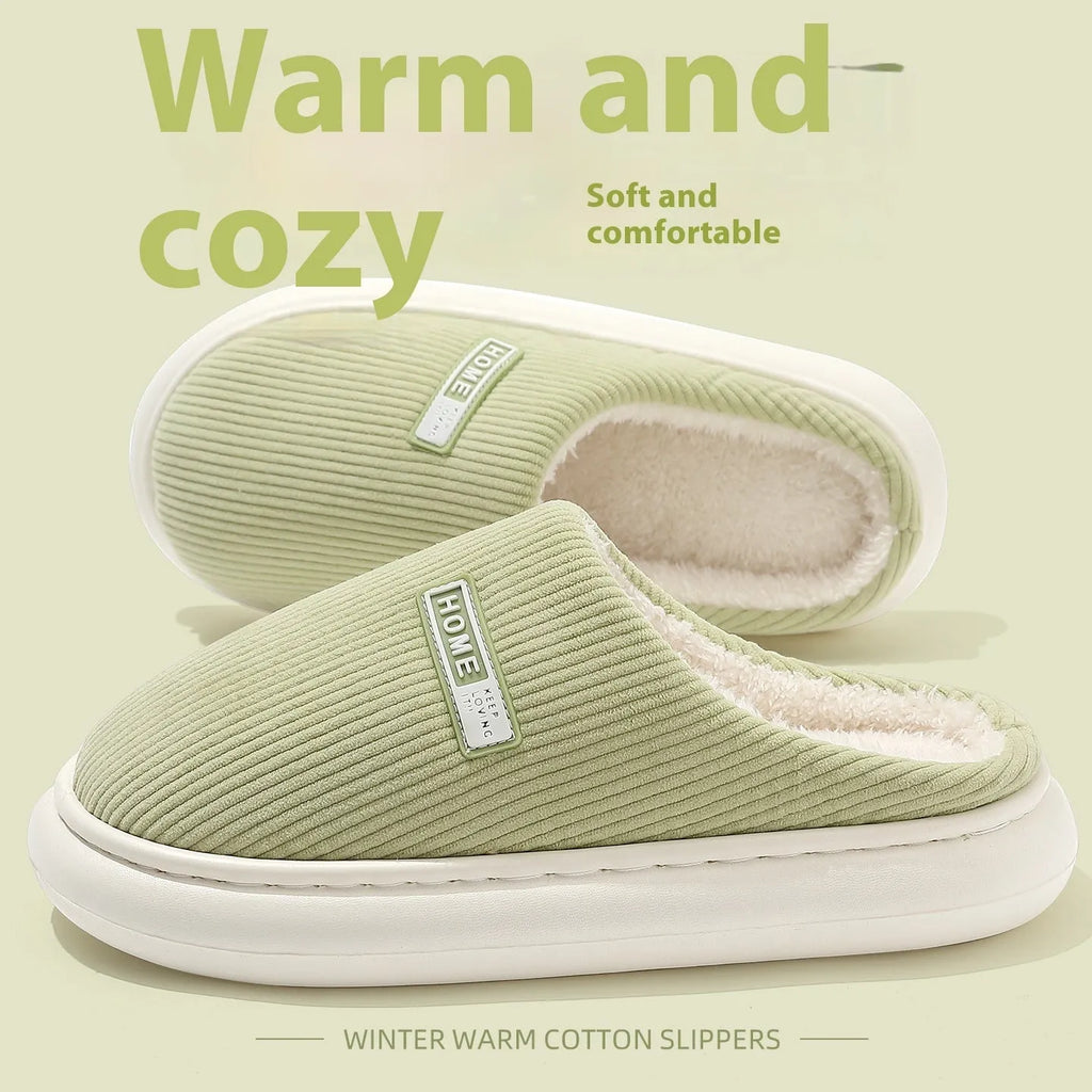 Plush non-slip cotton slippers with striped pattern and EVA sole in gray, green, pink, dark blue, and white